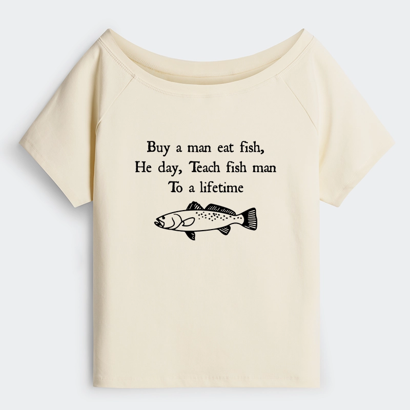 Tokyo-Tiger Man Eat Fish Meme Off Shoulder T-Shirt