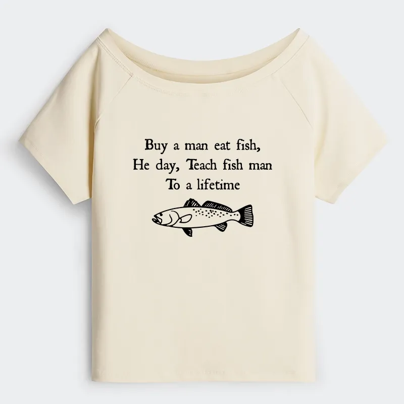 Tokyo-Tiger Man Eat Fish Meme Off Shoulder T-Shirt