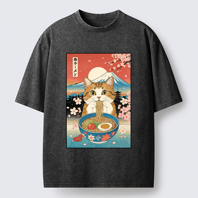 Tokyo-Tiger Orange Cat Eating Ramen Washed T-Shirt