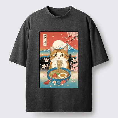 Tokyo-Tiger Orange Cat Eating Ramen Washed T-Shirt