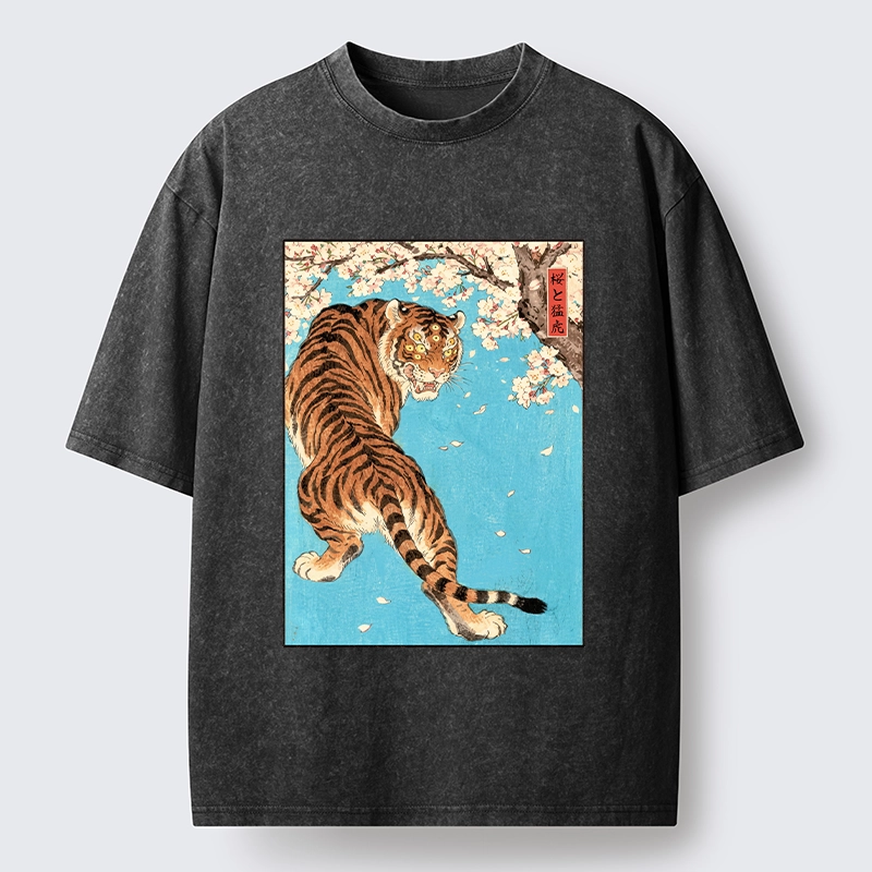 Tokyo-Tiger Fierce Tiger And Sakura Petals Washed T-Shirt
