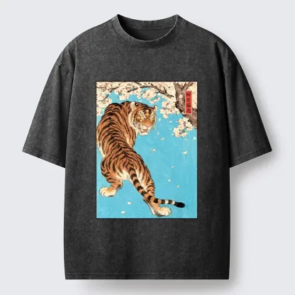 Tokyo-Tiger Fierce Tiger And Sakura Petals Washed T-Shirt