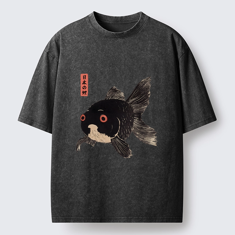 Tokyo-Tiger Japanese Black Goldfish Art Washed T-Shirt