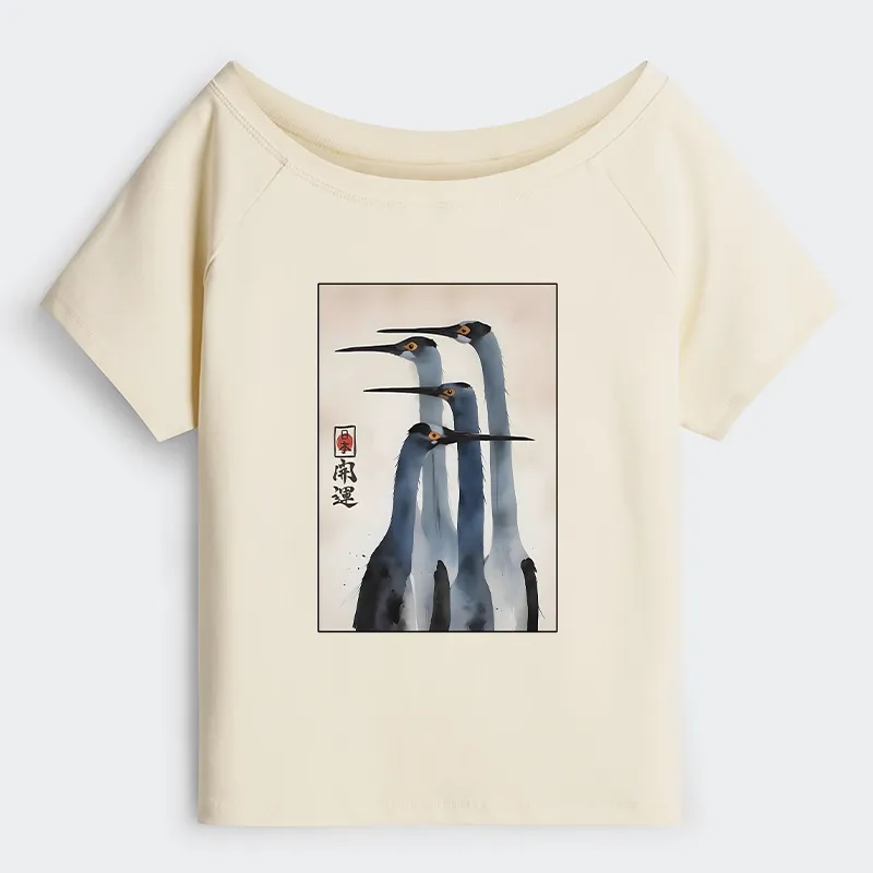 Tokyo-Tiger Retro Sandhill Crane Off Shoulder T-Shirt