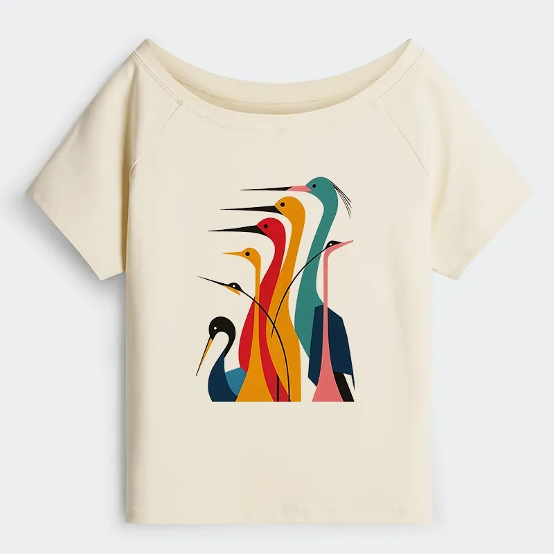 Tokyo-Tiger  Various Types Of Cranes Off Shoulder T-Shirt