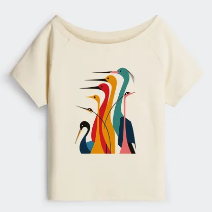 Tokyo-Tiger  Various Types Of Cranes Off Shoulder T-Shirt
