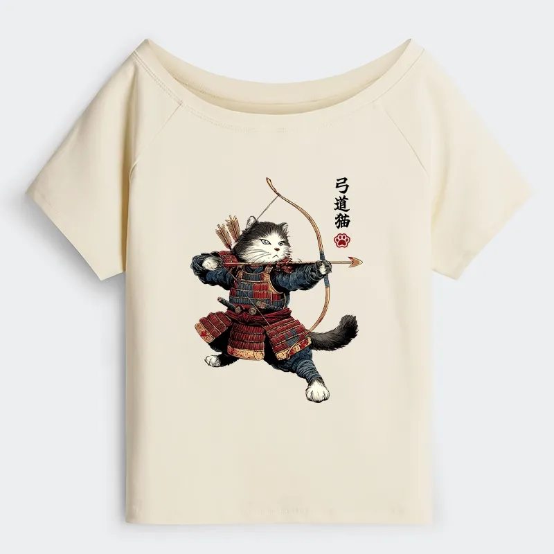 Tokyo-Tiger Kyudo Samurai Cat Off Shoulder T-Shirt