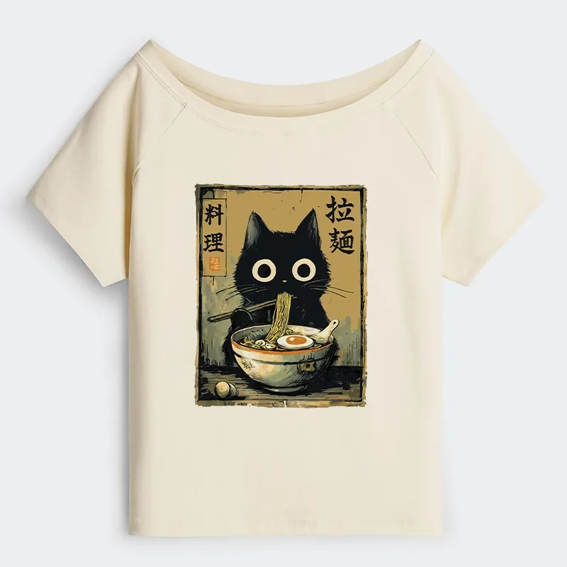 Tokyo-Tiger Cute Black Cat Eating Ramen Japan Off Shoulder T-Shirt