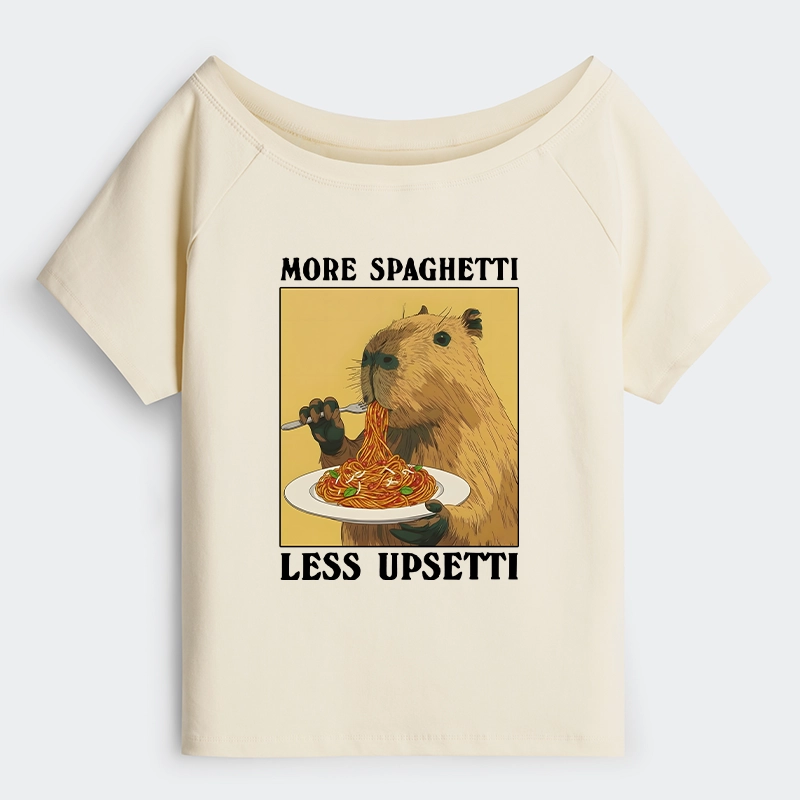 Tokyo-Tiger Capybara Eating Pasta Off Shoulder T-Shirt