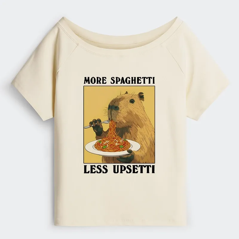 Tokyo-Tiger Capybara Eating Pasta Off Shoulder T-Shirt