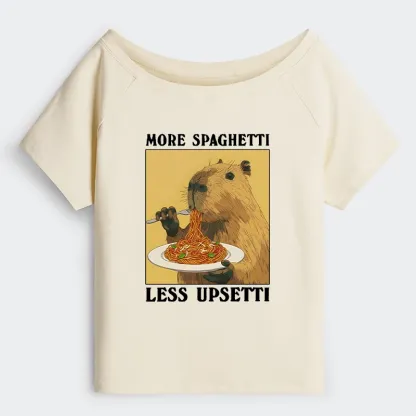 Tokyo-Tiger Capybara Eating Pasta Off Shoulder T-Shirt