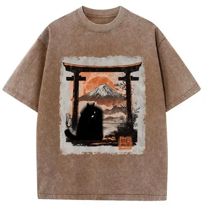 Tokyo-Tiger Mt. Fuji Guardian Cat Washed T-Shirt