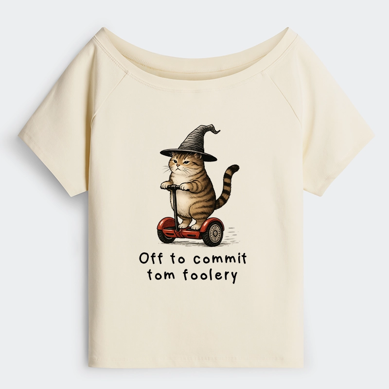 Tokyo-Tiger Orange Cat Riding Segway-style Off Shoulder T-Shirt