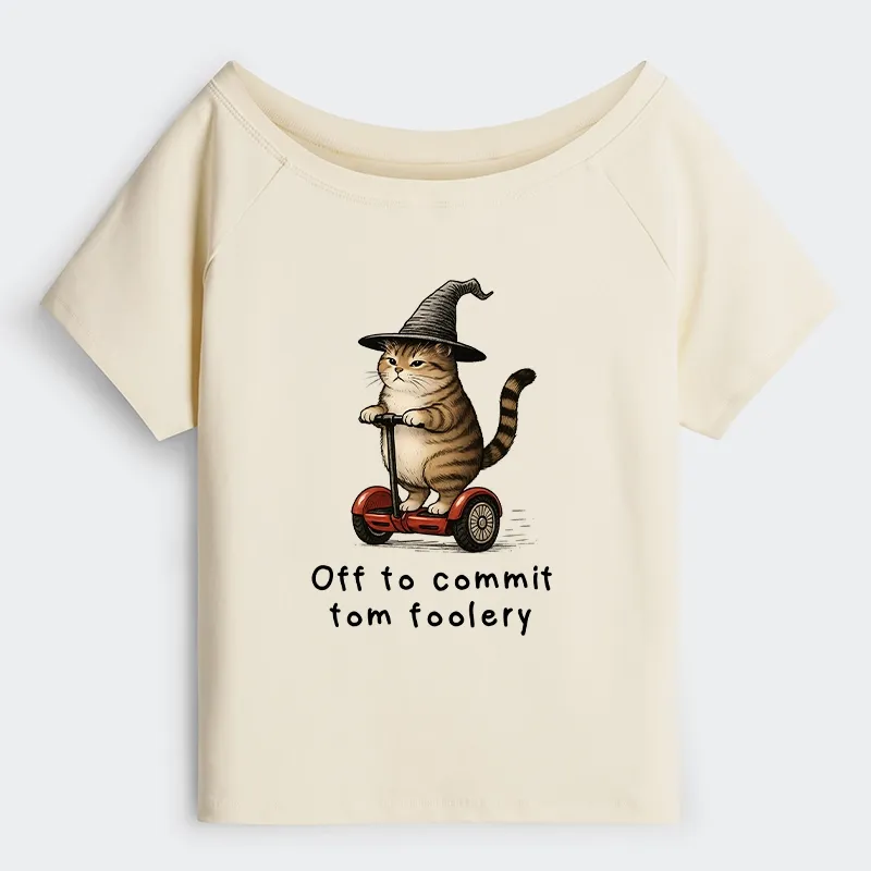 Tokyo-Tiger Orange Cat Riding Segway-style Off Shoulder T-Shirt