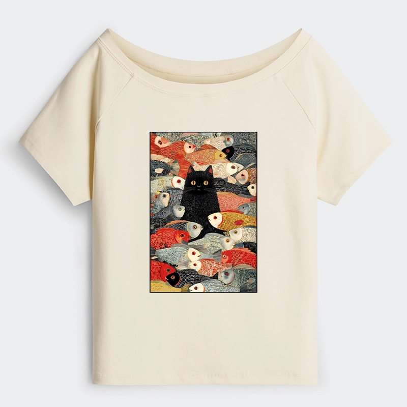 Tokyo-Tiger Cats And Fish Off Shoulder T-Shirt