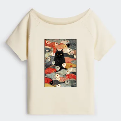 Tokyo-Tiger Cats And Fish Off Shoulder T-Shirt