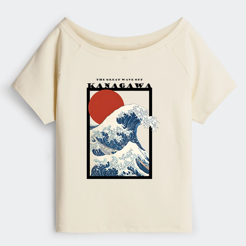 Tokyo-Tiger Minimalist Ukiyo-e Waves Off Shoulder T-Shirt
