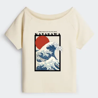 Tokyo-Tiger Minimalist Ukiyo-e Waves Off Shoulder T-Shirt