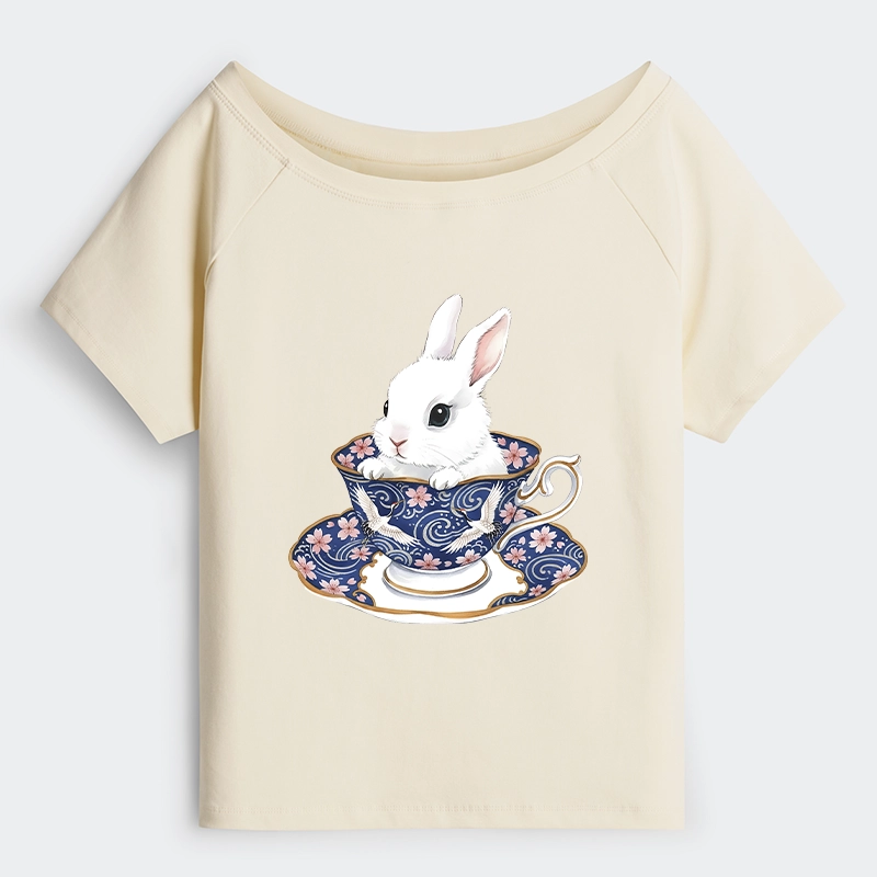 Tokyo-Tiger Cute Rabbit Tea Set Off Shoulder T-Shirt