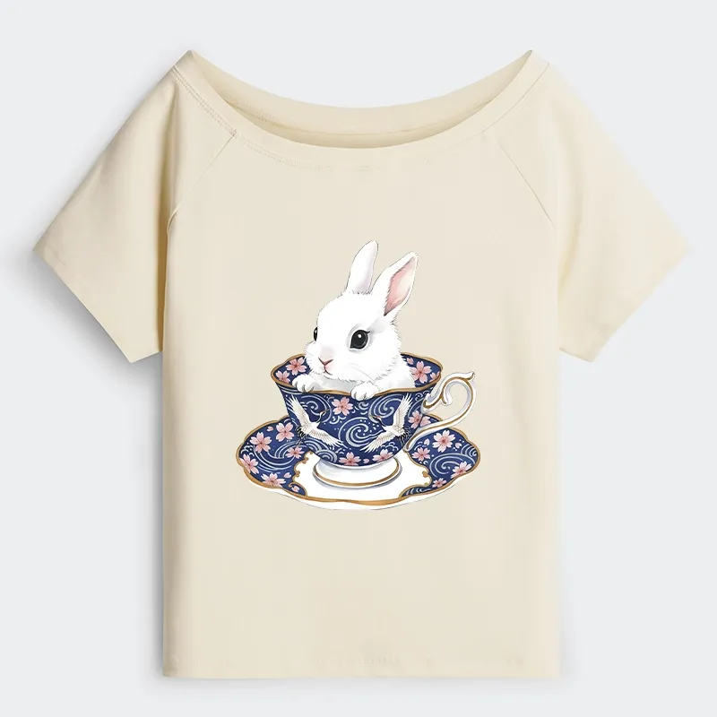 Tokyo-Tiger Cute Rabbit Tea Set Off Shoulder T-Shirt