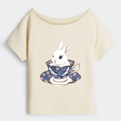 Tokyo-Tiger Cute Rabbit Tea Set Off Shoulder T-Shirt