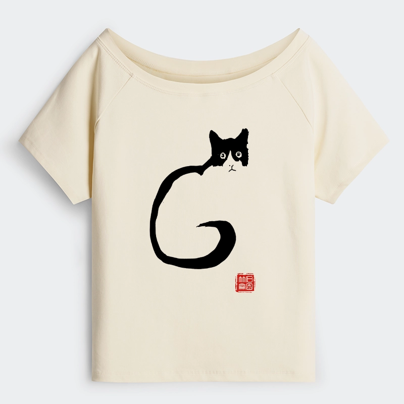 Tokyo-Tiger Calm Cat In Simple Lines Off Shoulder T-Shirt