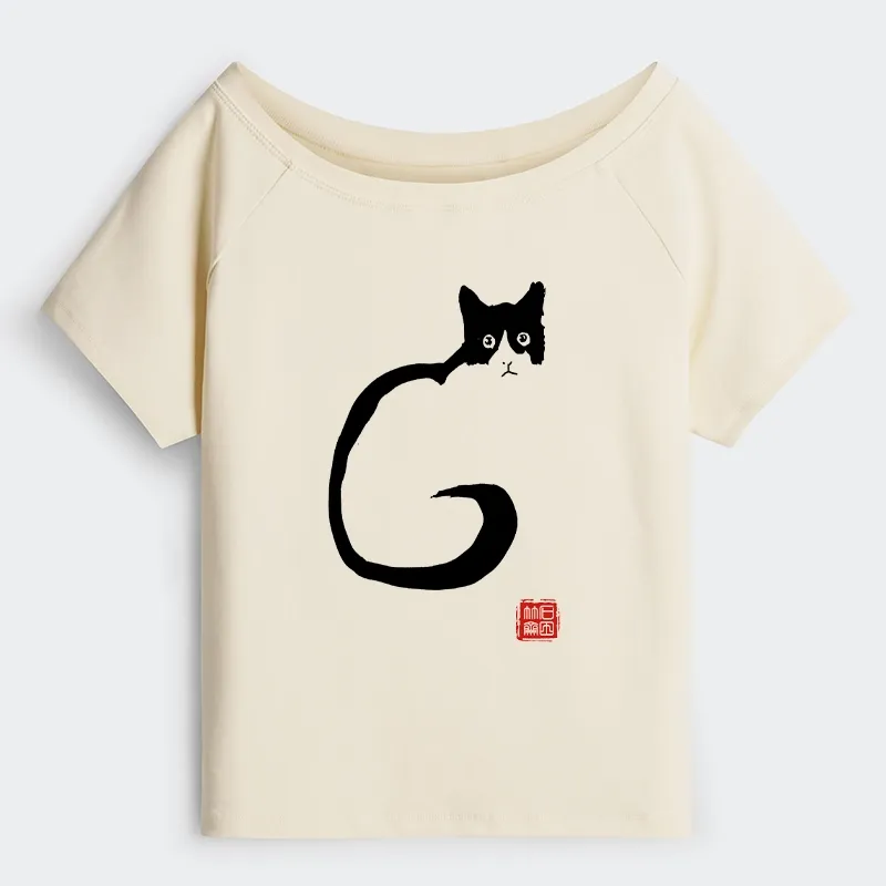 Tokyo-Tiger Calm Cat In Simple Lines Off Shoulder T-Shirt