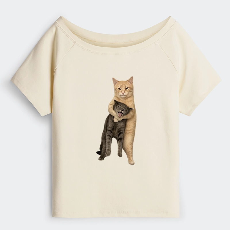 Tokyo-Tiger Orange Cat’s Tight Embrace Off Shoulder T-Shirt