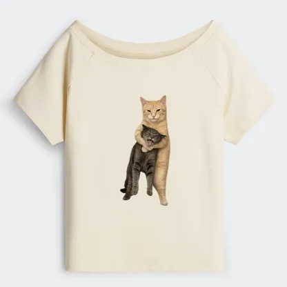 Tokyo-Tiger Orange Cat’s Tight Embrace Off Shoulder T-Shirt