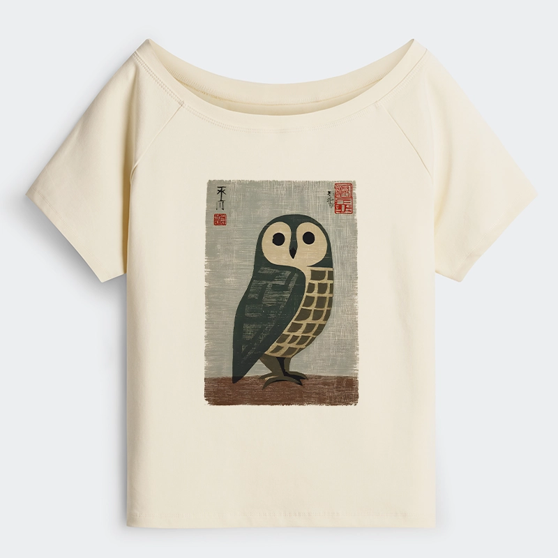Tokyo-Tiger Traditional Owl In Japanese Art Off Shoulder T-Shirt