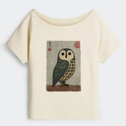 Tokyo-Tiger Traditional Owl In Japanese Art Off Shoulder T-Shirt