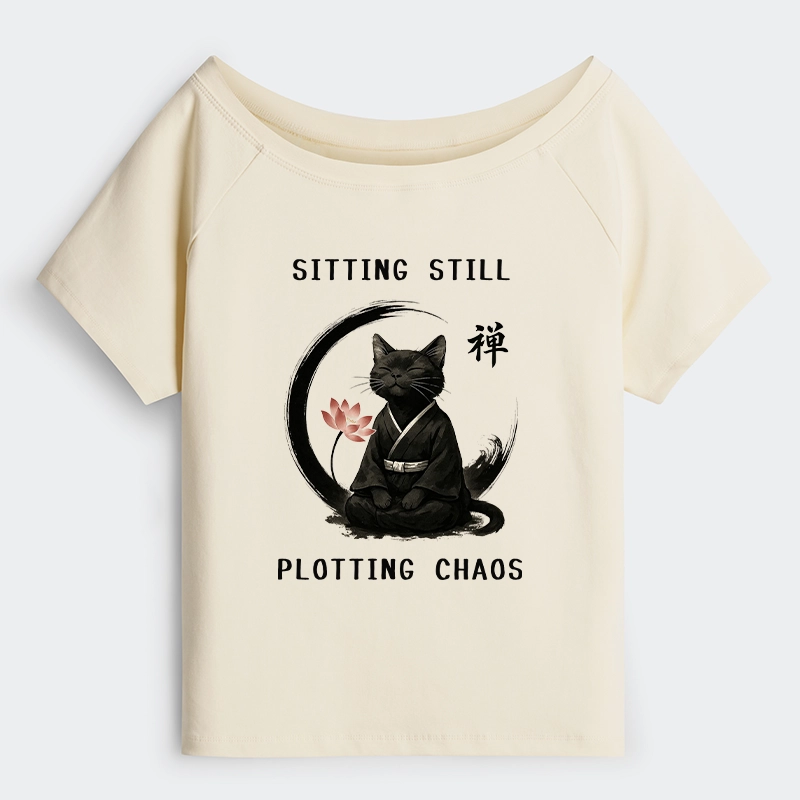 Tokyo-Tiger Sitting still  plotting chaos Calming Zen Cat Funny Off Shoulder T-Shirt