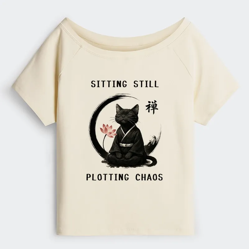 Tokyo-Tiger Sitting still  plotting chaos Calming Zen Cat Funny Off Shoulder T-Shirt