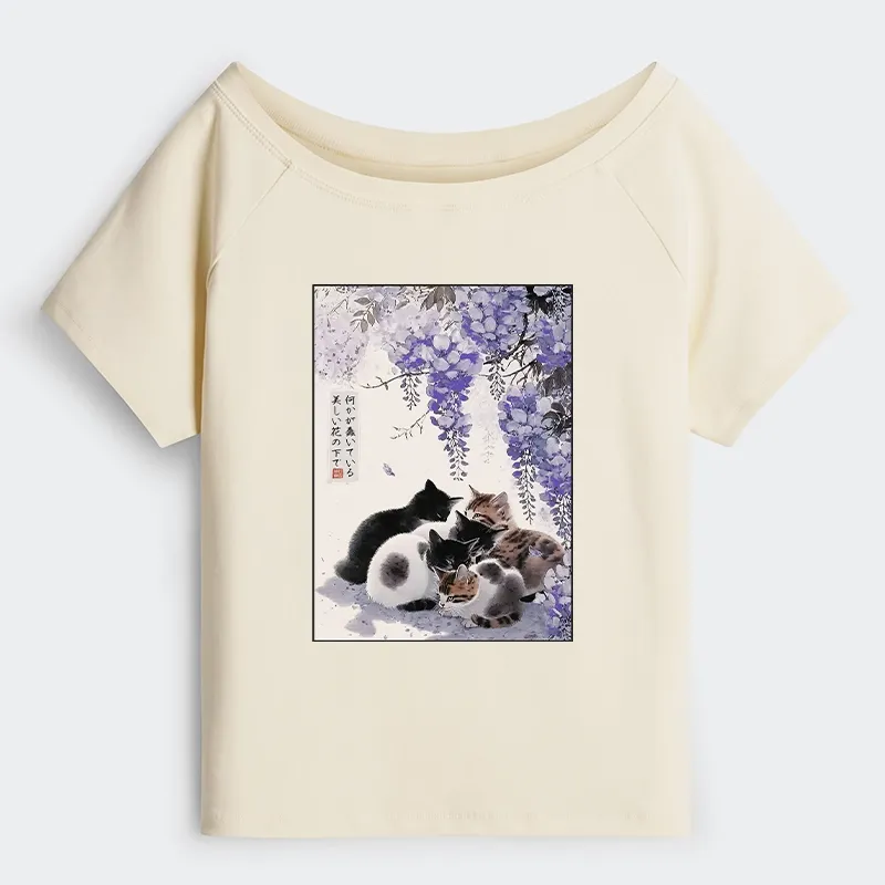 Tokyo-Tiger Cats plotting under the wisteria Off Shoulder T-Shirt
