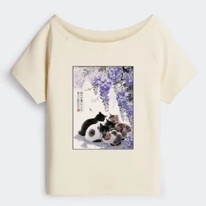 Tokyo-Tiger Cats plotting under the wisteria Off Shoulder T-Shirt