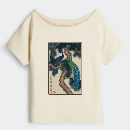 Tokyo-Tiger Peacocks in Snowy Pines Off Shoulder T-Shirt