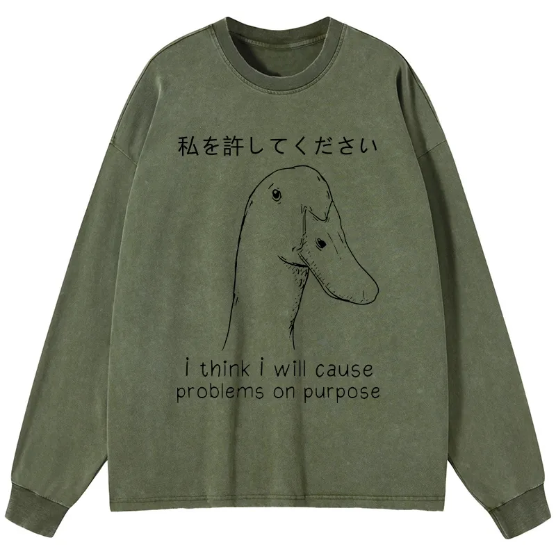 Tokyo-Tiger Stupid Goose Funny Washed Long Sleeve T-Shirt