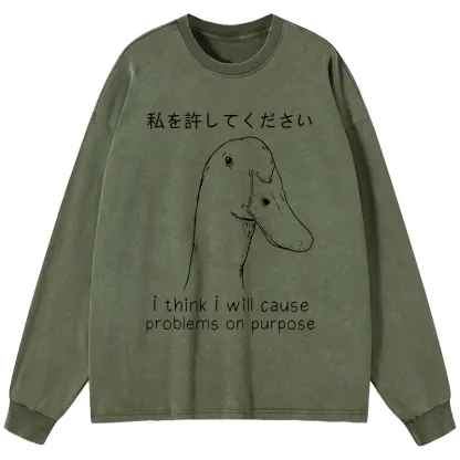 Tokyo-Tiger Stupid Goose Funny Washed Long Sleeve T-Shirt