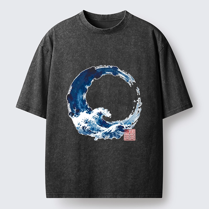 Tokyo-Tiger Zen Circle Blue Wave Art Washed T-Shirt