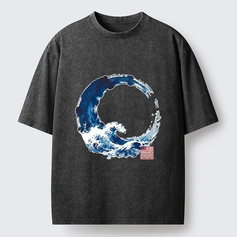 Tokyo-Tiger Zen Circle Blue Wave Art Washed T-Shirt