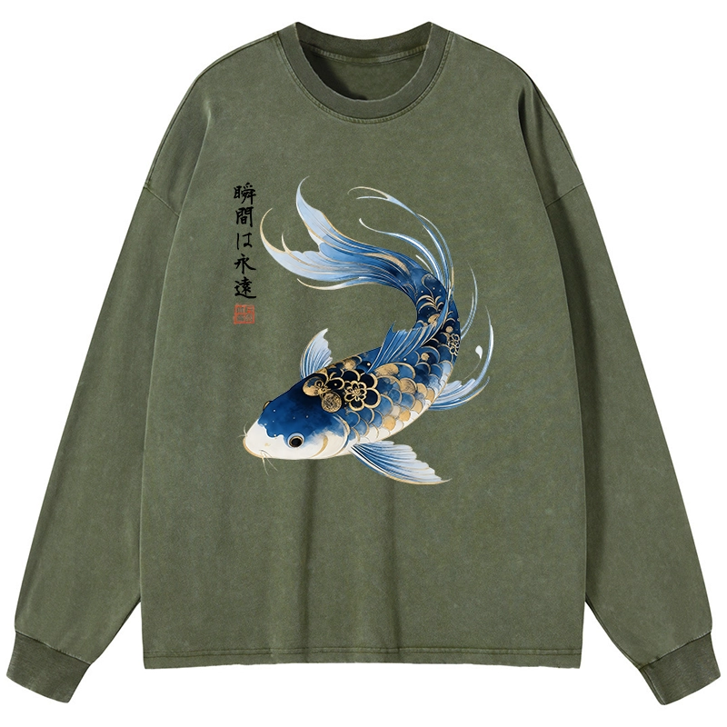 Tokyo-Tiger Elegant Koi Fish Watercolor Art Washed Long Sleeve T-Shirt