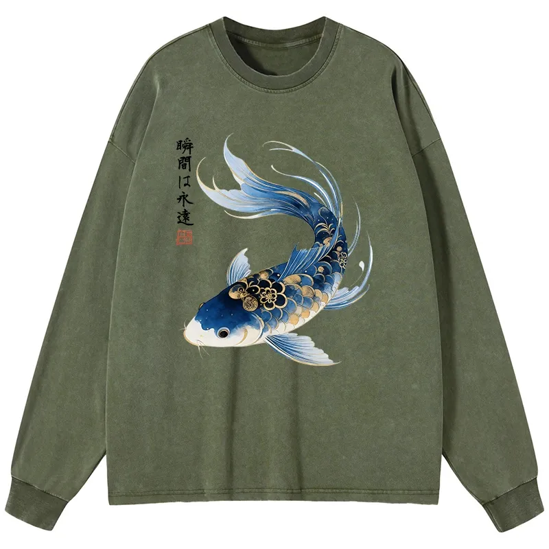 Tokyo-Tiger Elegant Koi Fish Watercolor Art Washed Long Sleeve T-Shirt Sale