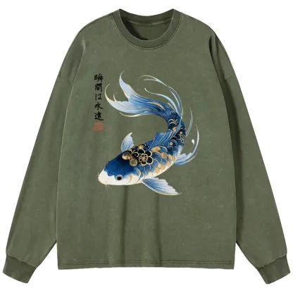 Tokyo-Tiger Elegant Koi Fish Watercolor Art Washed Long Sleeve T-Shirt