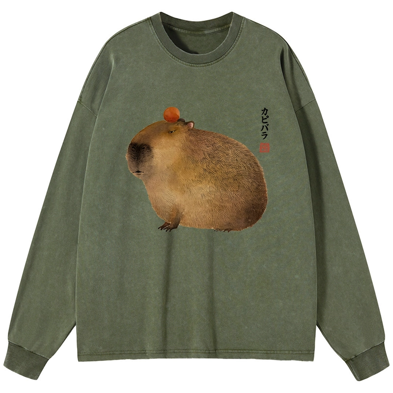 Tokyo-Tiger Calm Capybara Illustration Washed Long Sleeve T-Shirt