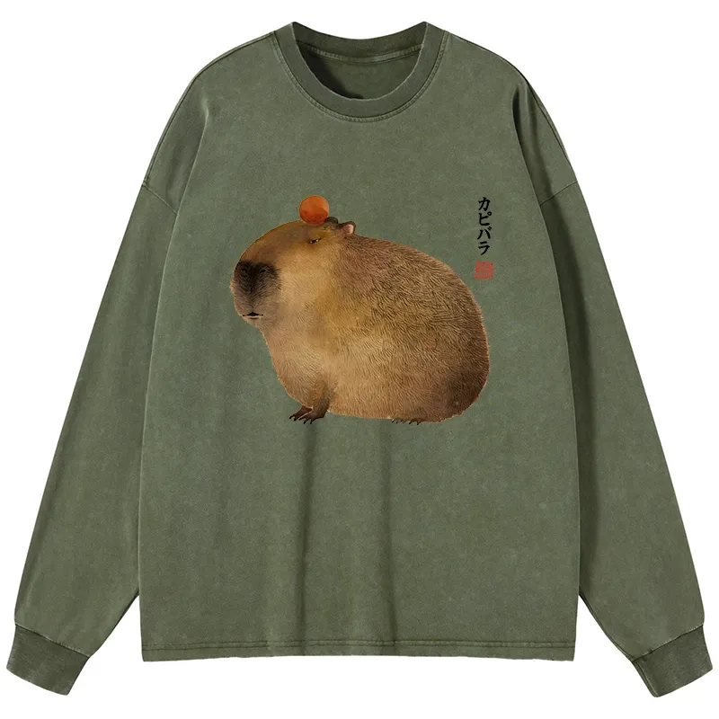 Tokyo-Tiger Calm Capybara Illustration Washed Long Sleeve T-Shirt