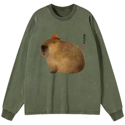 Tokyo-Tiger Calm Capybara Illustration Washed Long Sleeve T-Shirt