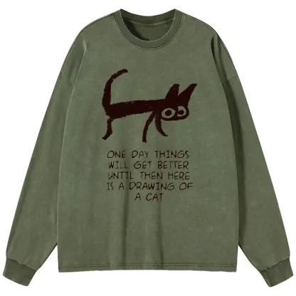 Tokyo-Tiger Cat Cheer Up Drawing Washed Long Sleeve T-Shirt