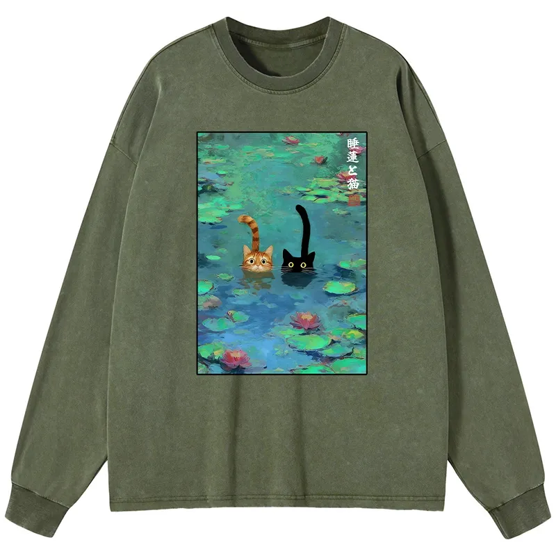 Tokyo-Tiger Funny Cats Swimming In Lilies Washed Long Sleeve T-Shirt