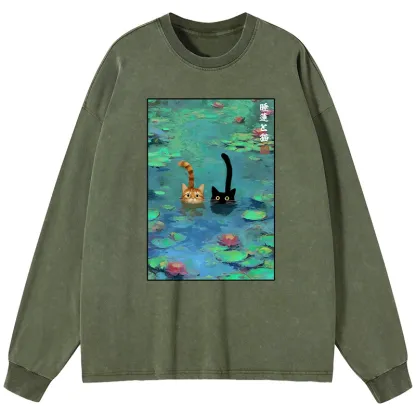 Tokyo-Tiger Funny Cats Swimming In Lilies Washed Long Sleeve T-Shirt