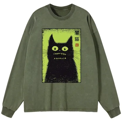 Tokyo-Tiger Spooky Black Cat Japanese Washed Long Sleeve T-Shirt